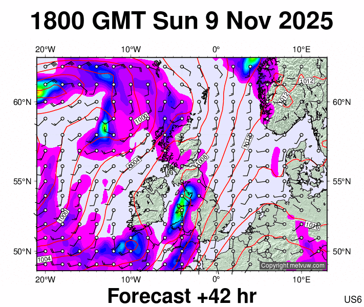 United Kingdom forecast chart for Sunday, November 9th, 2025 at 6:00 PM