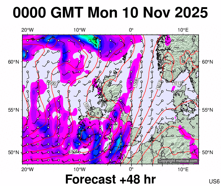United Kingdom forecast chart for Monday, November 10th, 2025 at 12:00 AM