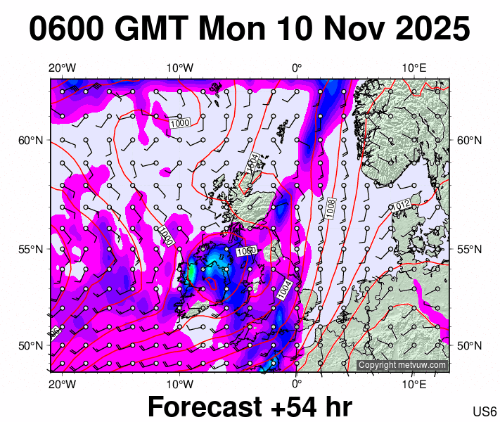 United Kingdom forecast chart for Monday, November 10th, 2025 at 6:00 AM
