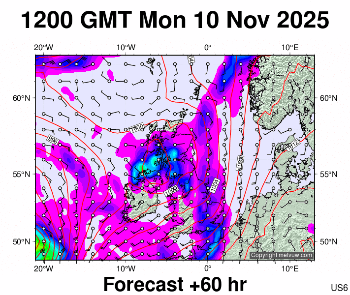 United Kingdom forecast chart for Monday, November 10th, 2025 at 12:00 PM