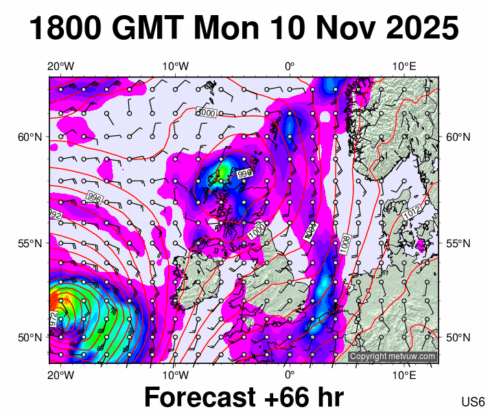 United Kingdom forecast chart for Monday, November 10th, 2025 at 6:00 PM