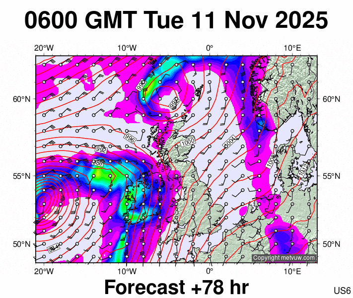 United Kingdom forecast chart for Tuesday, November 11th, 2025 at 6:00 AM