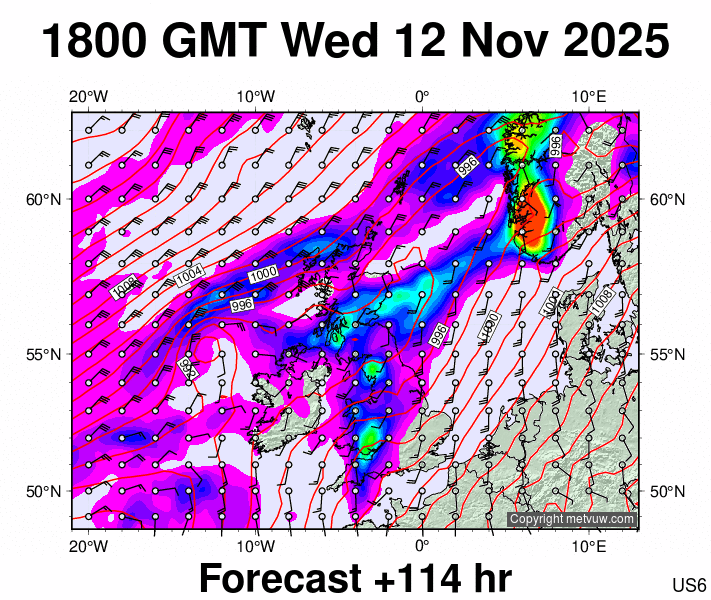 United Kingdom forecast chart for Wednesday, November 12th, 2025 at 6:00 PM