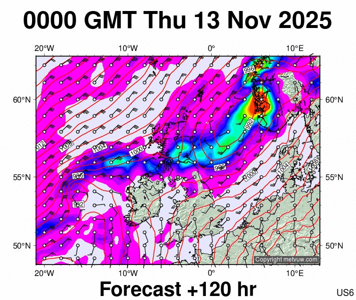 United Kingdom forecast chart for Thursday, November 13th, 2025 at 12:00 AM