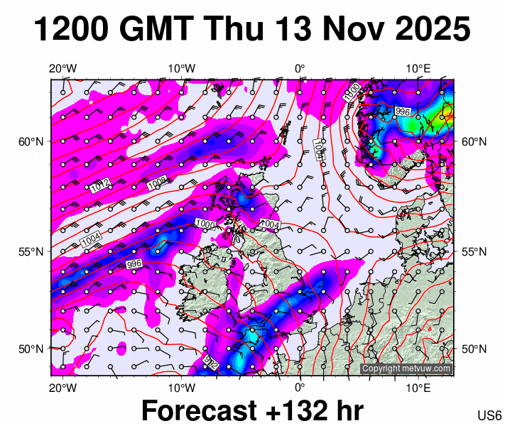 United Kingdom forecast chart for Thursday, November 13th, 2025 at 12:00 PM