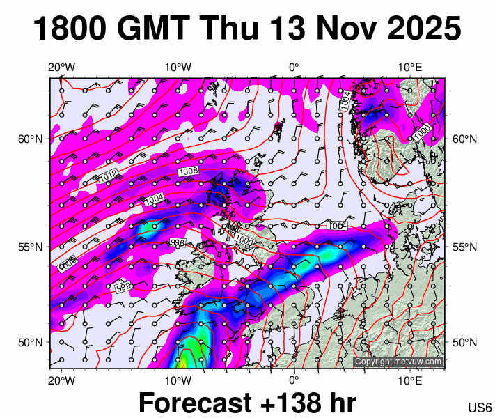 United Kingdom forecast chart for Thursday, November 13th, 2025 at 6:00 PM