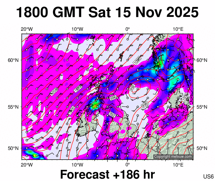 United Kingdom forecast chart for Saturday, November 15th, 2025 at 6:00 PM