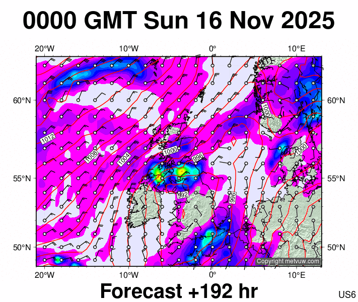 United Kingdom forecast chart for Sunday, November 16th, 2025 at 12:00 AM