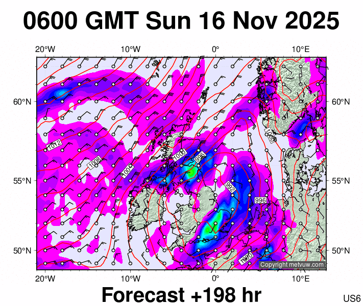 United Kingdom forecast chart for Sunday, November 16th, 2025 at 6:00 AM