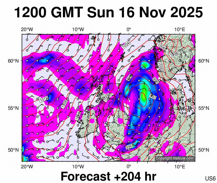 United Kingdom forecast chart for Sunday, November 16th, 2025 at 12:00 PM