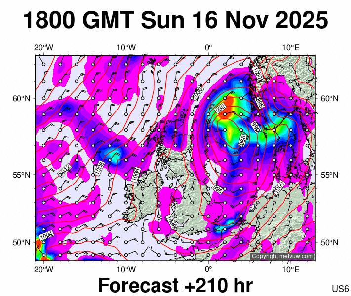 United Kingdom forecast chart for Sunday, November 16th, 2025 at 6:00 PM