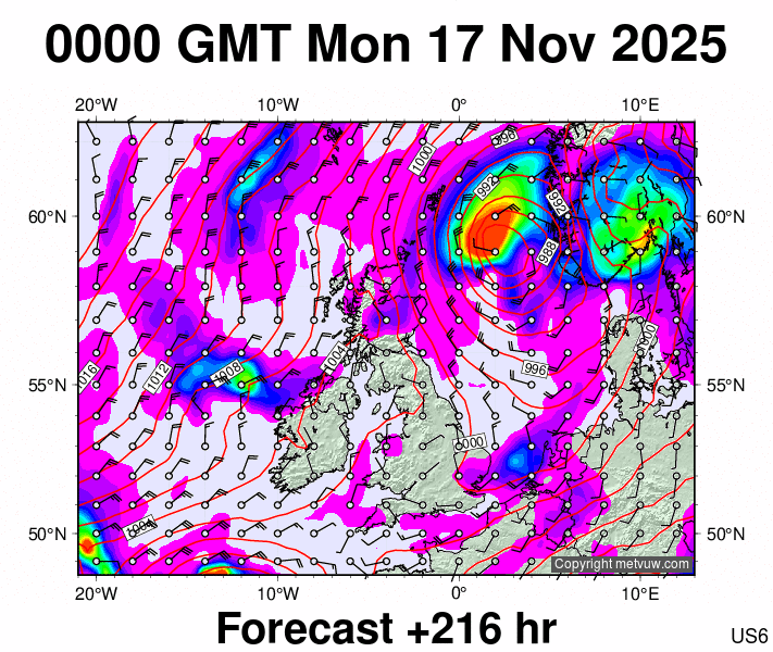 United Kingdom forecast chart for Monday, November 17th, 2025 at 12:00 AM