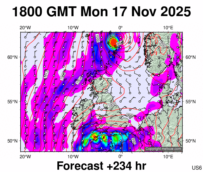 United Kingdom forecast chart for Monday, November 17th, 2025 at 6:00 PM