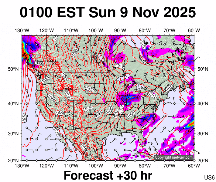 USA forecast chart for Sunday, November 9th, 2025 at 6:00 AM