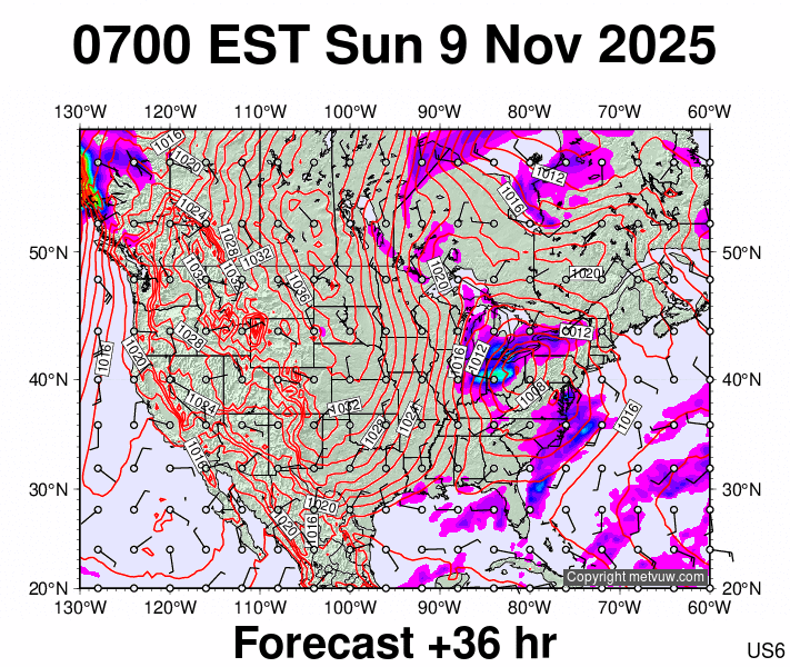 USA forecast chart for Sunday, November 9th, 2025 at 12:00 PM