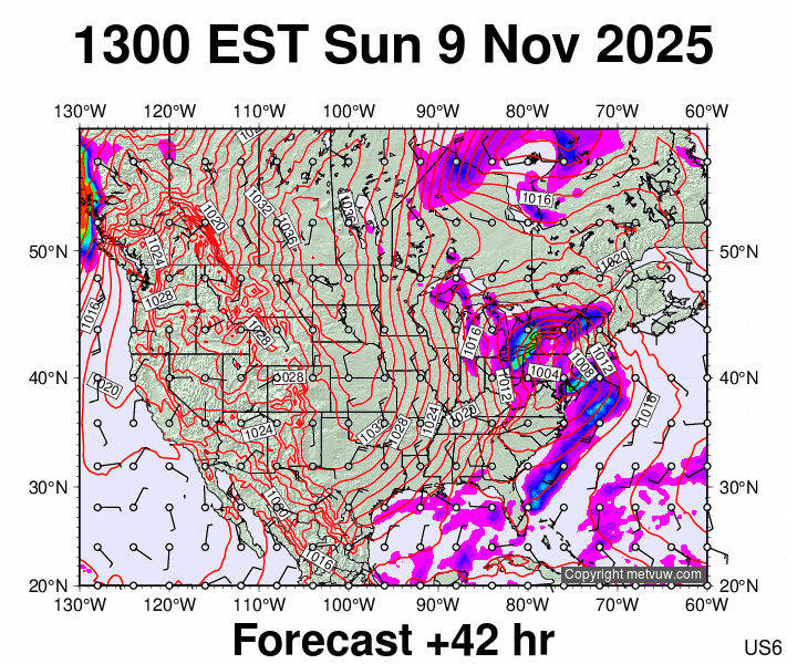 USA forecast chart for Sunday, November 9th, 2025 at 6:00 PM