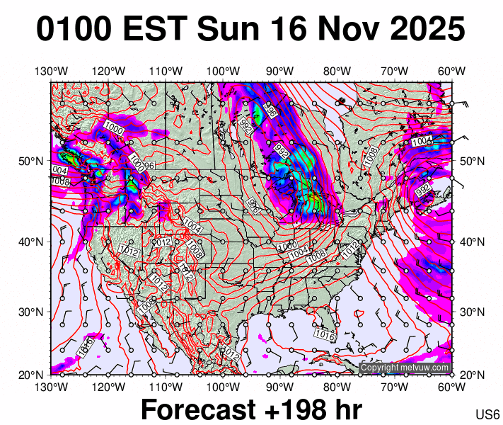 USA forecast chart for Sunday, November 16th, 2025 at 6:00 AM
