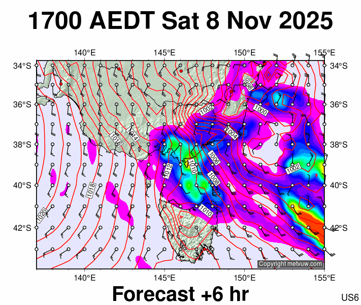 Victoria & Tasmania forecast chart for Saturday, November 8th, 2025 at 6:00 AM