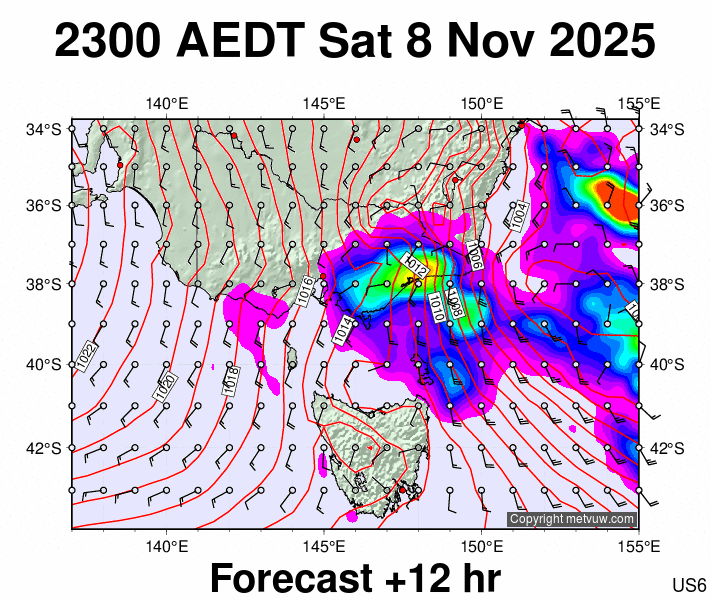Victoria & Tasmania forecast chart for Saturday, November 8th, 2025 at 12:00 PM