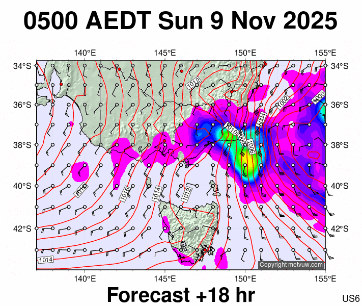Victoria & Tasmania forecast chart for Saturday, November 8th, 2025 at 6:00 PM