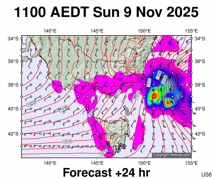 Victoria & Tasmania forecast chart for Sunday, November 9th, 2025 at 12:00 AM
