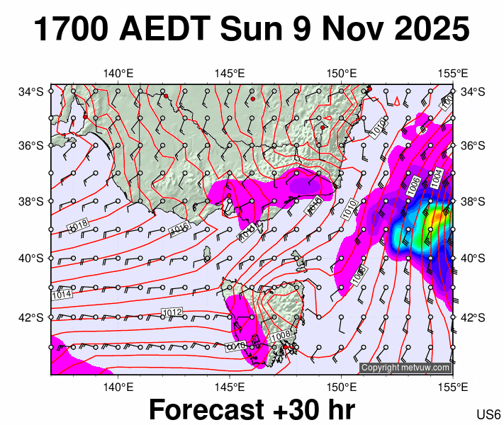 Victoria & Tasmania forecast chart for Sunday, November 9th, 2025 at 6:00 AM