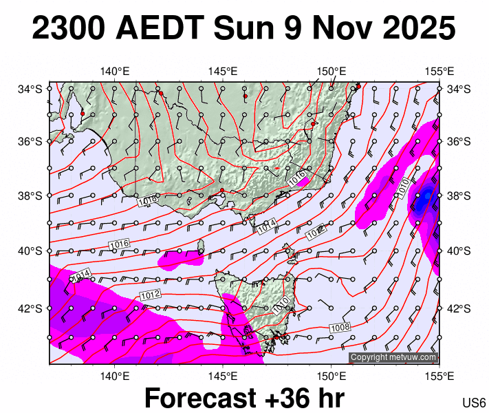 Victoria & Tasmania forecast chart for Sunday, November 9th, 2025 at 12:00 PM