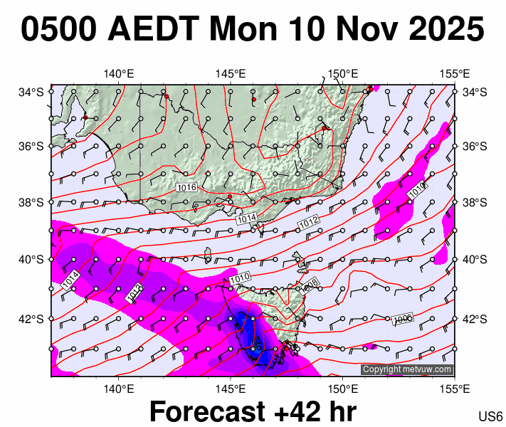 Victoria & Tasmania forecast chart for Sunday, November 9th, 2025 at 6:00 PM