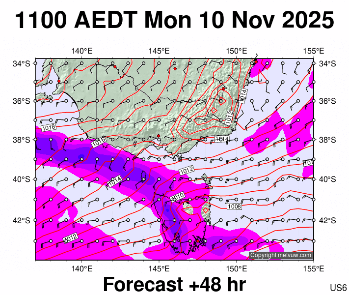Victoria & Tasmania forecast chart for Monday, November 10th, 2025 at 12:00 AM