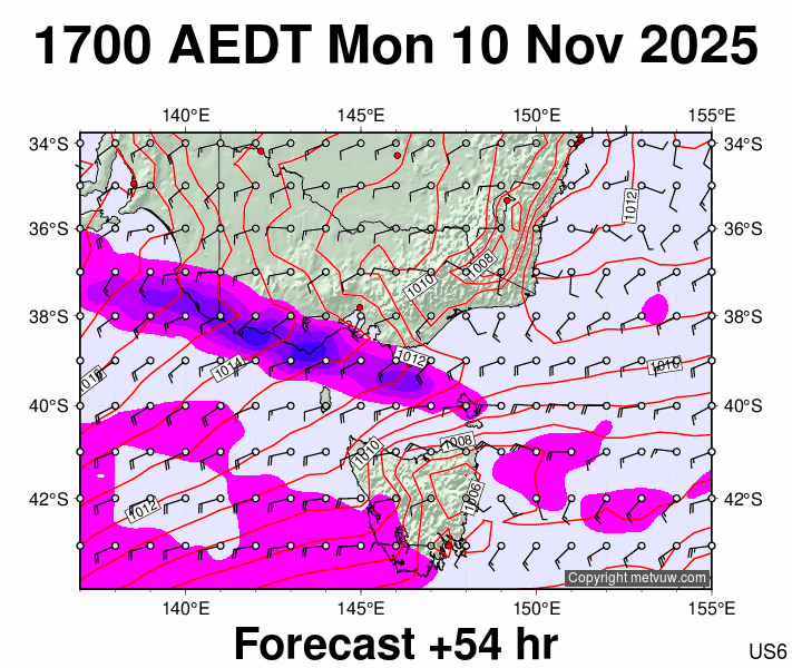 Victoria & Tasmania forecast chart for Monday, November 10th, 2025 at 6:00 AM