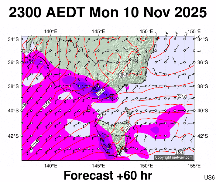 Victoria & Tasmania forecast chart for Monday, November 10th, 2025 at 12:00 PM