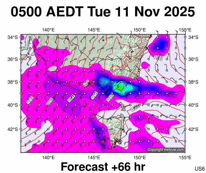 Victoria & Tasmania forecast chart for Monday, November 10th, 2025 at 6:00 PM