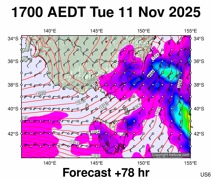 Victoria & Tasmania forecast chart for Tuesday, November 11th, 2025 at 6:00 AM