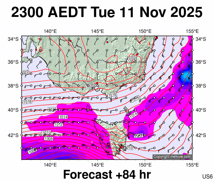 Victoria & Tasmania forecast chart for Tuesday, November 11th, 2025 at 12:00 PM