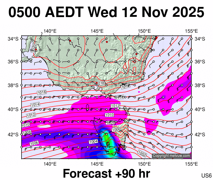 Victoria & Tasmania forecast chart for Tuesday, November 11th, 2025 at 6:00 PM