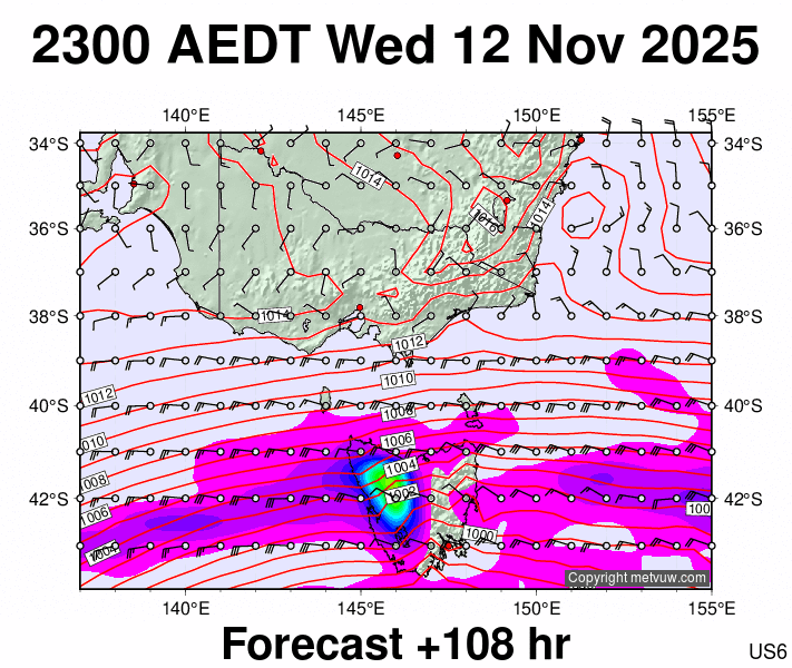 Victoria & Tasmania forecast chart for Wednesday, November 12th, 2025 at 12:00 PM