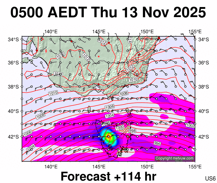 Victoria & Tasmania forecast chart for Wednesday, November 12th, 2025 at 6:00 PM