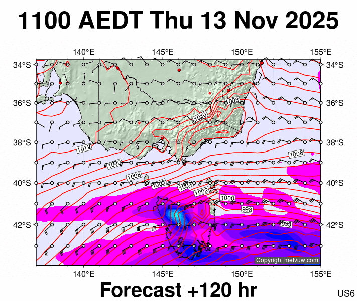 Victoria & Tasmania forecast chart for Thursday, November 13th, 2025 at 12:00 AM