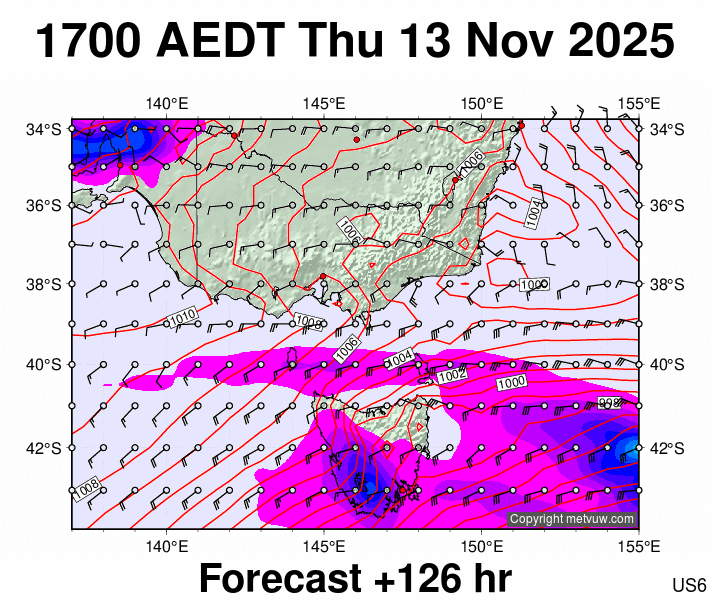 Victoria & Tasmania forecast chart for Thursday, November 13th, 2025 at 6:00 AM