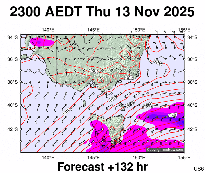 Victoria & Tasmania forecast chart for Thursday, November 13th, 2025 at 12:00 PM