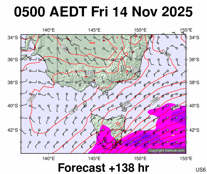 Victoria & Tasmania forecast chart for Thursday, November 13th, 2025 at 6:00 PM