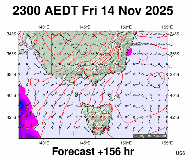 Victoria & Tasmania forecast chart for Friday, November 14th, 2025 at 12:00 PM