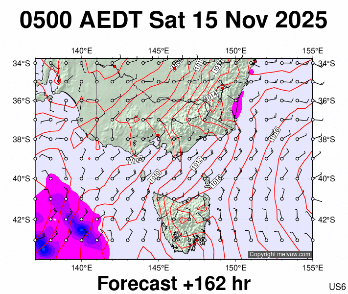 Victoria & Tasmania forecast chart for Friday, November 14th, 2025 at 6:00 PM