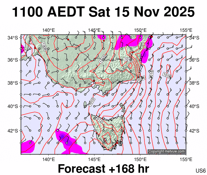 Victoria & Tasmania forecast chart for Saturday, November 15th, 2025 at 12:00 AM