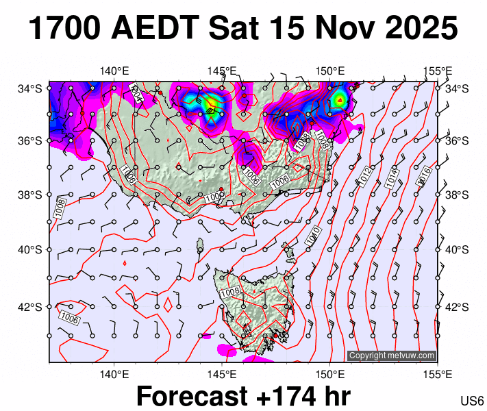 Victoria & Tasmania forecast chart for Saturday, November 15th, 2025 at 6:00 AM