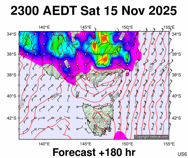 Victoria & Tasmania forecast chart for Saturday, November 15th, 2025 at 12:00 PM