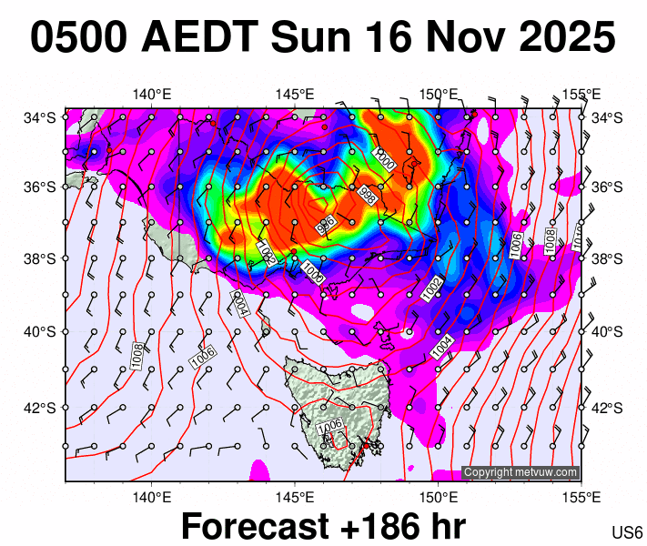 Victoria & Tasmania forecast chart for Saturday, November 15th, 2025 at 6:00 PM