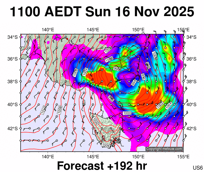 Victoria & Tasmania forecast chart for Sunday, November 16th, 2025 at 12:00 AM