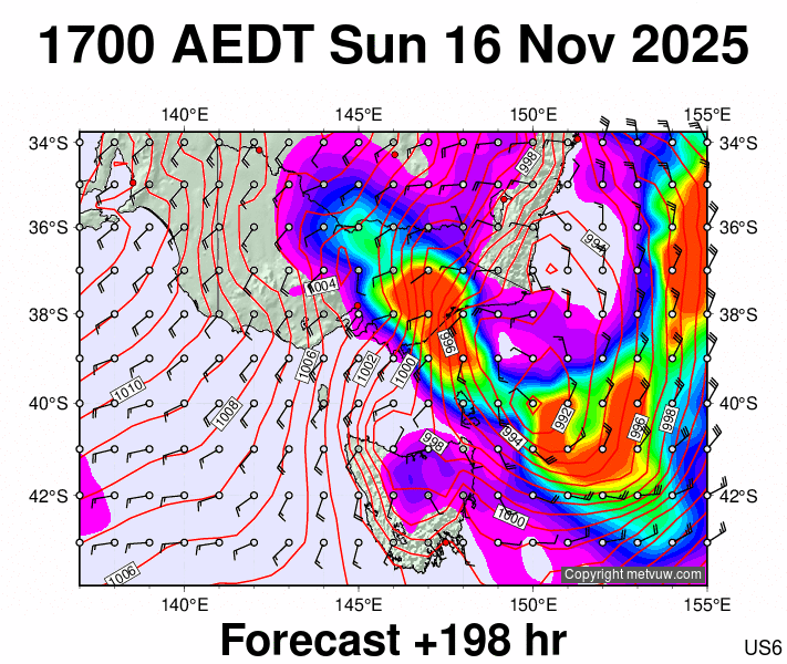 Victoria & Tasmania forecast chart for Sunday, November 16th, 2025 at 6:00 AM