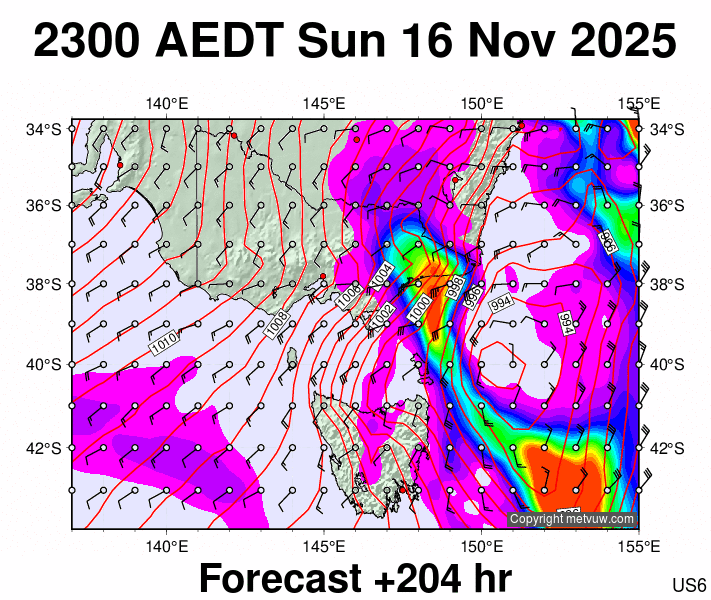 Victoria & Tasmania forecast chart for Sunday, November 16th, 2025 at 12:00 PM